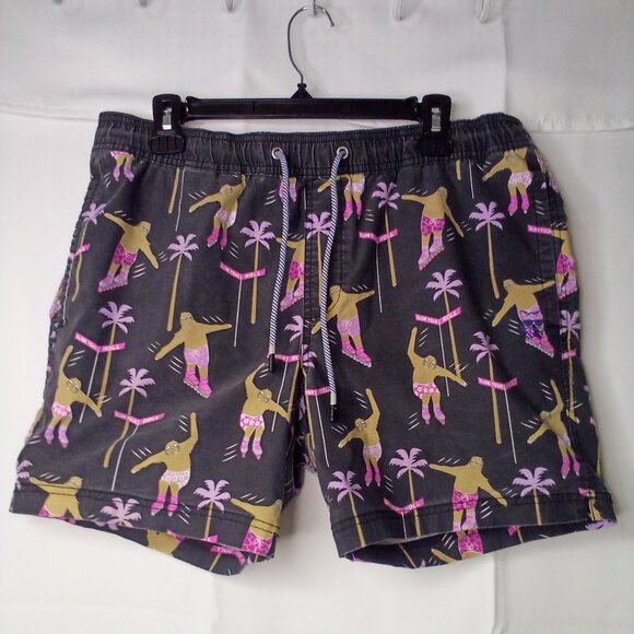 Party Pants Swim Trunks Men L Board Short Pockets Surfing Sloth Black Pink - Picture 1 of 16